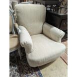 A late Victorian Howard style upholstered armchair, width 81cm, depth 82cm, height 92cm