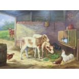 After Edgar Hunt (1876-1953), oil on canvas, Calves, chickens and rabbits in a stable, bears