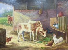 After Edgar Hunt (1876-1953), oil on canvas, Calves, chickens and rabbits in a stable, bears