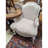 A French painted upholstered armchair, width 71cm, depth 70cm, height 94cm