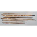 A collection of mixed split cane fishing rods, Les Compton, Elasticane, Carton-James and another (