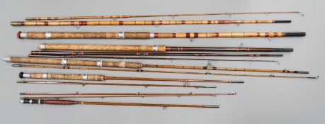 A collection of mixed split cane fishing rods, Les Compton, Elasticane, Carton-James and another (