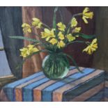 Piero Sansalvadore (1892-1955), oil on board, Still life of Narcissi in a glass vase, inscribed