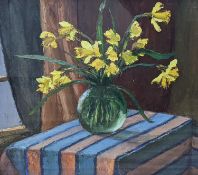 Piero Sansalvadore (1892-1955), oil on board, Still life of Narcissi in a glass vase, inscribed