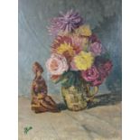 George Jowett, oil on board, Still life of flowers and a Chinese figure, signed, 61 x 46cm,