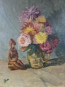 George Jowett, oil on board, Still life of flowers and a Chinese figure, signed, 61 x 46cm,