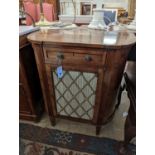 A small Regency style rosewood D shaped side cabinet, width 74cm, depth 41cm, height 77cm