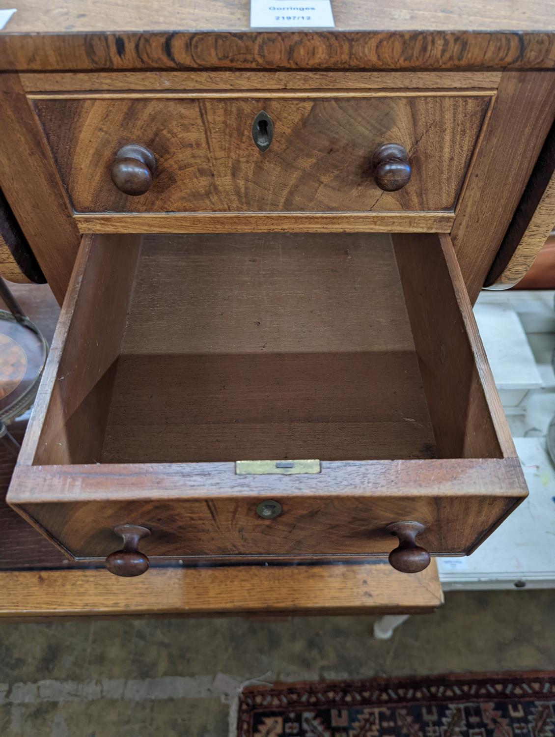 A Regency mahogany drop flap work table, width 38cm, depth 50cm, height 74cm - Image 3 of 4