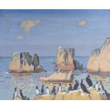 Keith Henderson (1883-1982), oil on canvas, Rocks near Ballyrath with guillemots and cormorants,