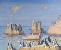 Keith Henderson (1883-1982), oil on canvas, Rocks near Ballyrath with guillemots and cormorants,