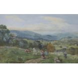 John Henry Mole (1814-1886), watercolour, Shepherd and flock on the downs, signed, 45 x 69cm