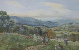 John Henry Mole (1814-1886), watercolour, Shepherd and flock on the downs, signed, 45 x 69cm