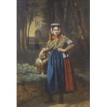 Attributed to Adolf Alexander Dillens (1821-1877), oil on panel, Water carrier in woodland, bears