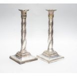 A pair of Victorian electroplate Corinthian column candlesticks, 28.5cm