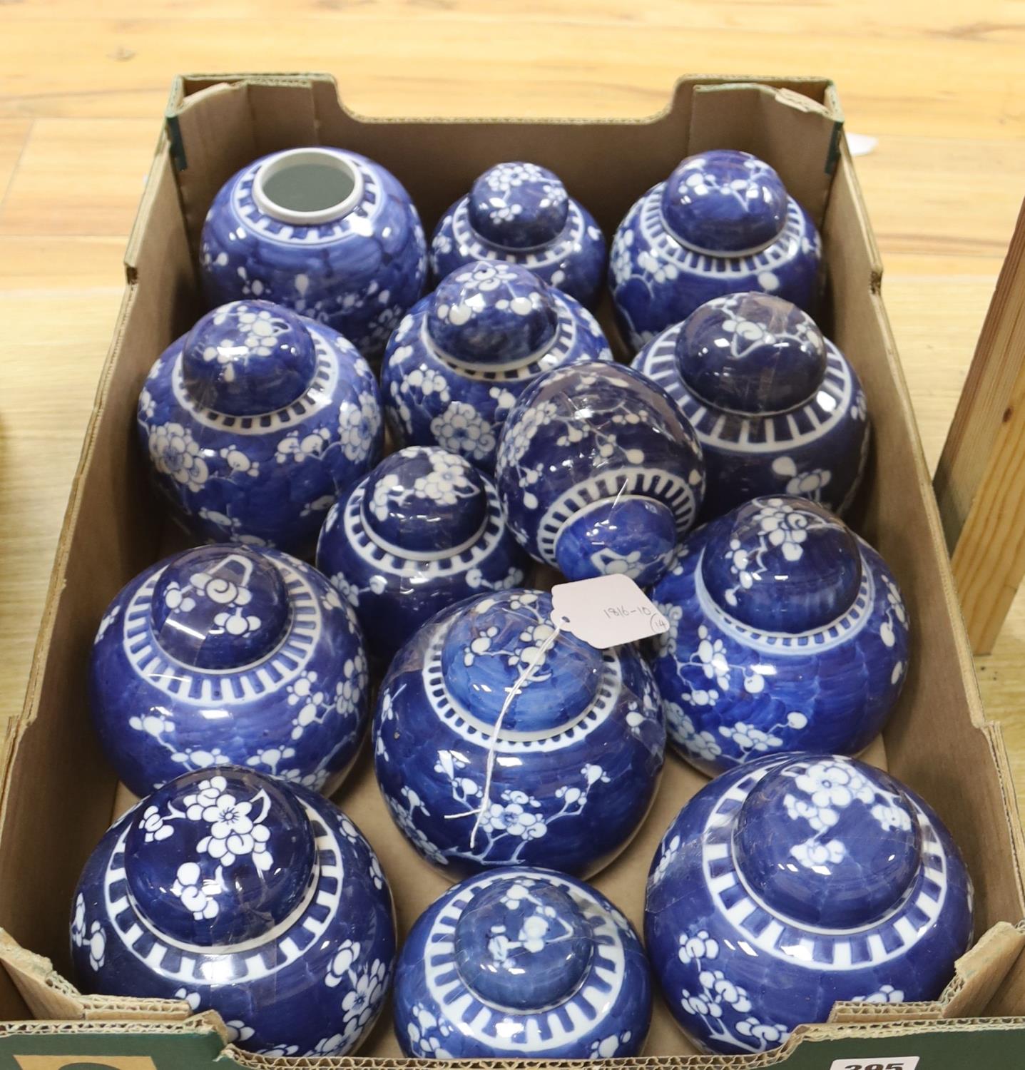 Fourteen Chinese blue and white 'prunus' jars, some with covers