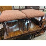 A pair of Regency rectanuglar mahogany upholstered dressing stools, length 50cm, depth 42cm,