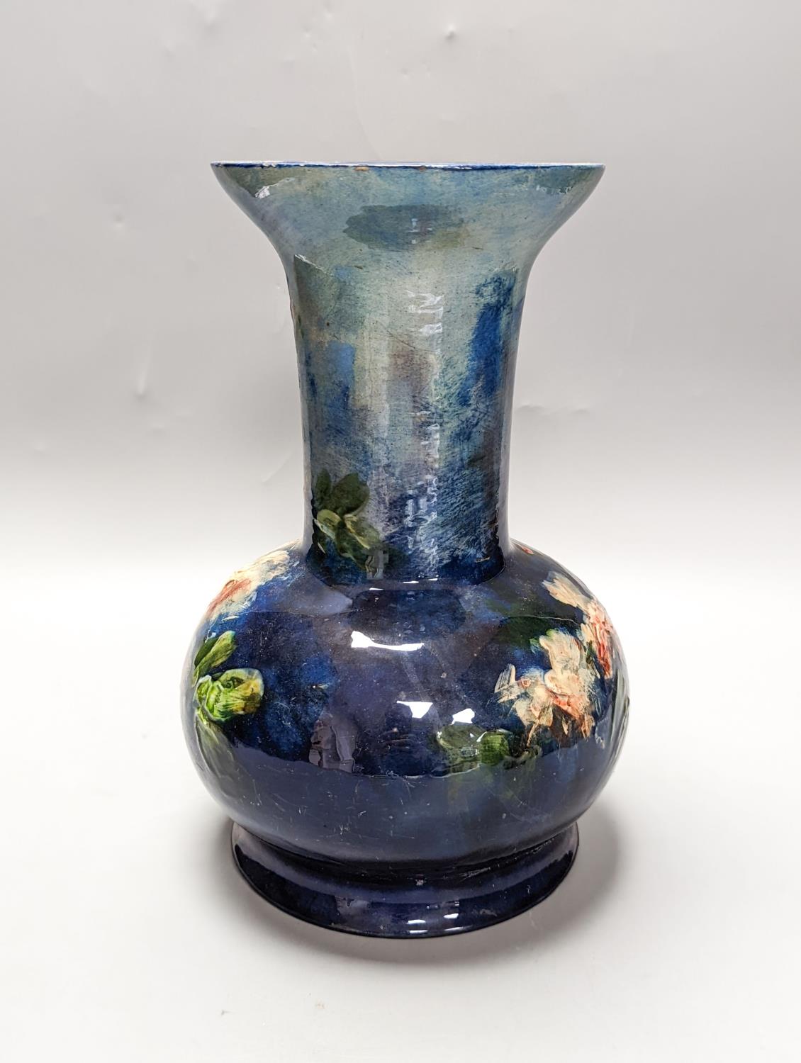 A continental floral painted vase, possibly Belgian. Stamped to underside. 26cm - Image 2 of 5