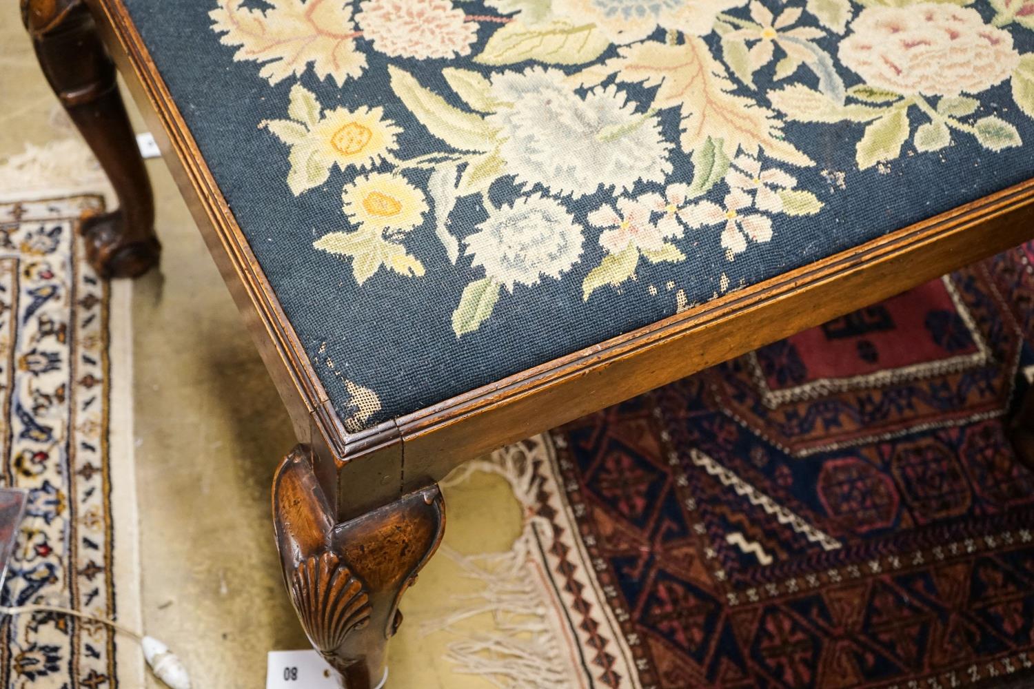 A George III style mahogany stool with drop in tapestry seat on ball and claw feet, signed JS - Image 3 of 3