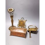 An Arts and Crafts brass/copper group - figural gimbal lamp, mantle timepiece, lidded box etc.