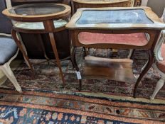 An oval marquetry inlaid mahogany bijouterie table, together with a larger rectangular bijouterie