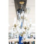 A six branch brass and glass lustre hung chandelier, height 60cm