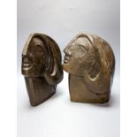 Two Art deco style patinated bronze female busts 23cm