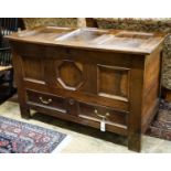 A William and Mary oak mule chest, length 122cm, depth 54cm, height 78cm