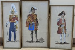 Helen McKie, three gouache and watercolour studies, Gentleman at arms, Queen's Page of Honour and