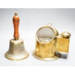 A brass ships binnacle compass and a handbell