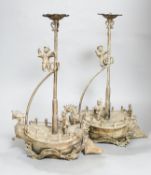 A pair of Chinese brass ‘ship’ lamp stands, 41cm