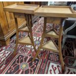 A pair of 1950's French design fruitwood square top three tier occasional tables, width 31cm