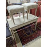 A rectangular painted dressing table, width 110cm, depth 60cm, height 75cm, together with two