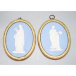 A pair of blue and white jasper oval miniature plaques, presumably Wedgwood, 16cm