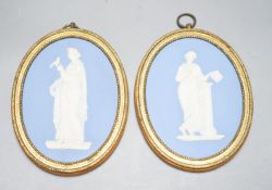 A pair of blue and white jasper oval miniature plaques, presumably Wedgwood, 16cm