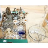 Mixed silver plated wares including a 5 light candelabra, swan salts, tea pot, coffee pot,