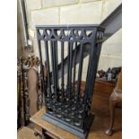 A painted gothic revival fretwork stick stand, width 36cm, depth 21cm, height 65cm