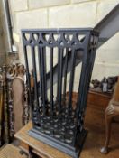 A painted gothic revival fretwork stick stand, width 36cm, depth 21cm, height 65cm