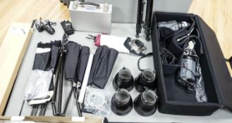 Professional photography equipment including Pentax SLR, pair of Bowens Esprit 1000 lights etc