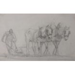 Attributed to Harold Swanwick (1866-1929), pencil drawing, Ploughman and horses, 11 x 17cm