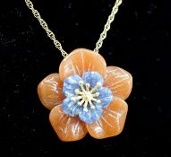 A continental 14k and two colour hardstone set flower head pendant necklace, pendant 24mm, chain