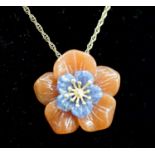 A continental 14k and two colour hardstone set flower head pendant necklace, pendant 24mm, chain