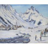 Deidre Henty-Creer (1918-2012), oil on board, Alpine landscape with skiers, signed, 40 x 50cm,