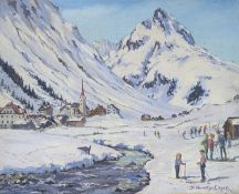 Deidre Henty-Creer (1918-2012), oil on board, Alpine landscape with skiers, signed, 40 x 50cm,