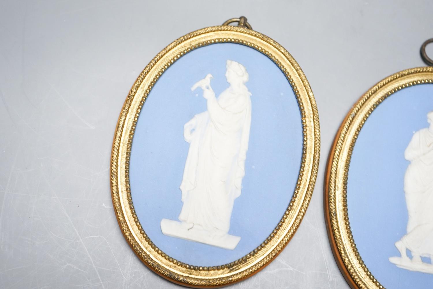 A pair of blue and white jasper oval miniature plaques, presumably Wedgwood, 16cm - Image 3 of 4