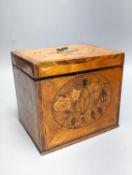 A George III sycamore and floral marquetry tea caddy, 17cm