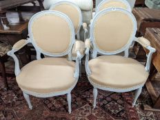 A set of four modern French painted open armchairs, width 60cm, depth 46cm, height 90cm