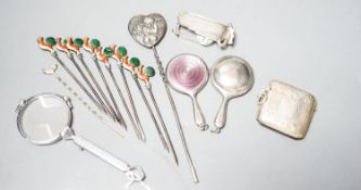 Small silver and white metal including enamelled handbag mirror and one other, a vesta case