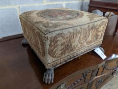 A Victorian tapestry embroidered square footstool, width 40cm, depth 36cm, height 22cm