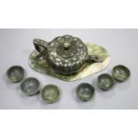 A spinach green jade melon shaped Chinese teapot and six cups (boxed)
