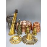 Miniature metalware including horn and two jelly moulds, brass horn, etc.